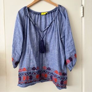 Roller Rabbit embroidered linen tunic top. Size large